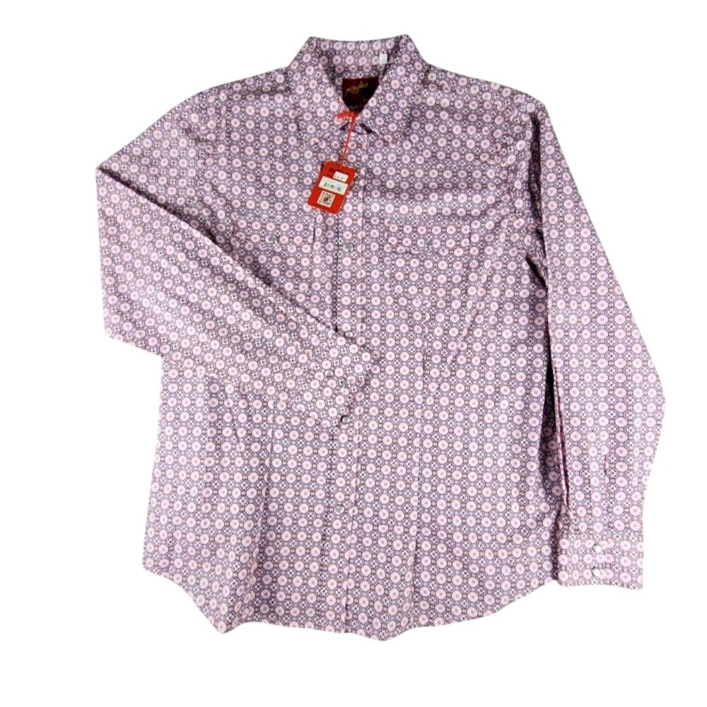 Rodeo Clothing Co Shirt Large Pink Geometric Long Sleeve Snap Front Western